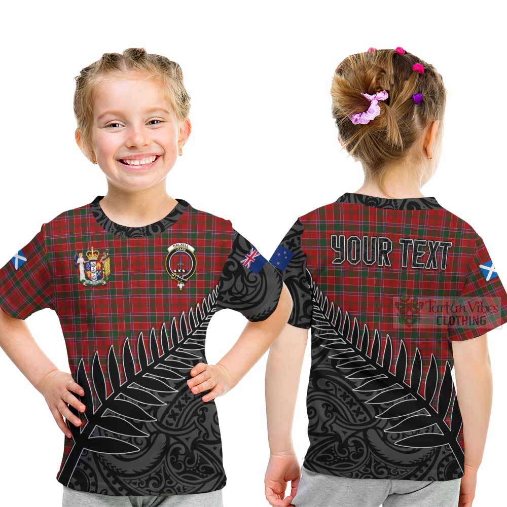 Tartan Vibes Clothing Dalzell (Dalziel) Crest Tartan Kid T-Shirt with New Zealand Silver Fern Half Style