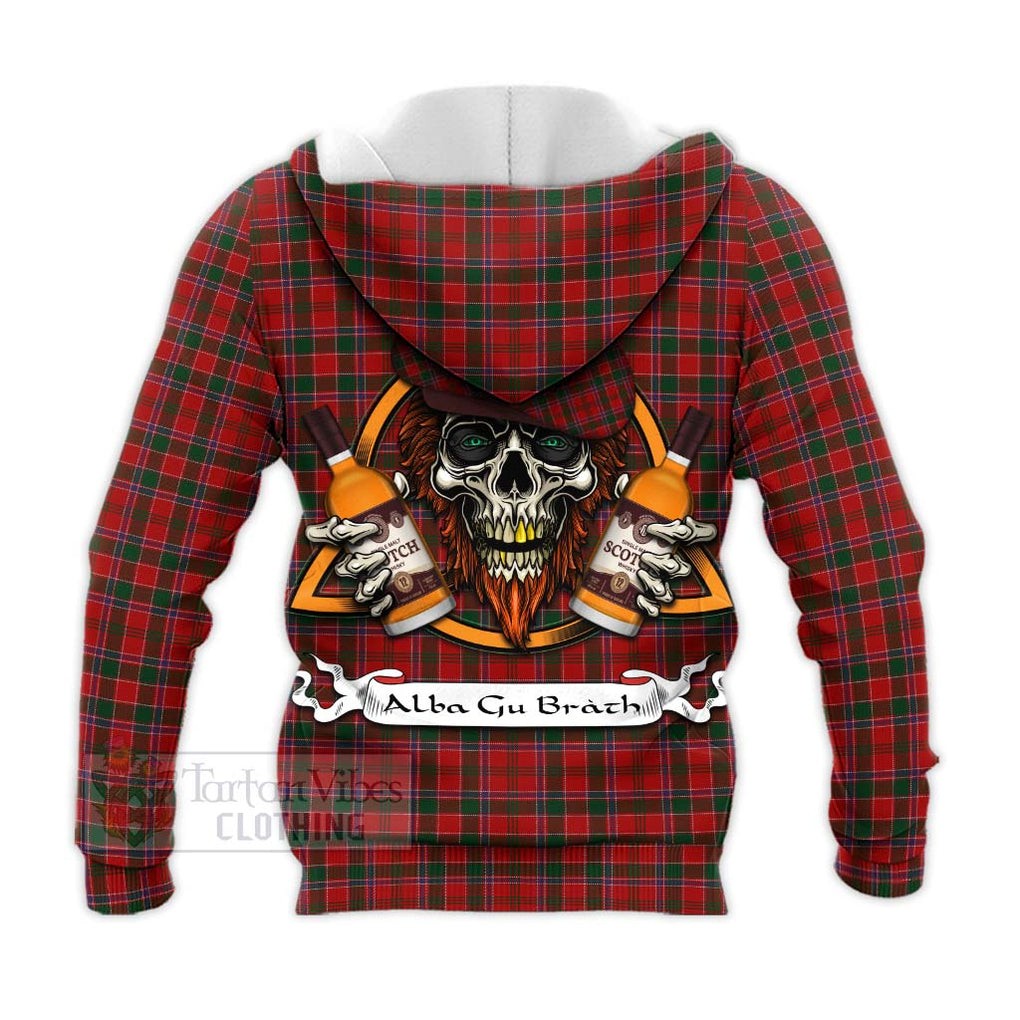 Tartan Vibes Clothing Dalzell (Dalziel) Tartan Knitted Hoodie with Family Crest and Bearded Skull Holding Bottles of Whiskey