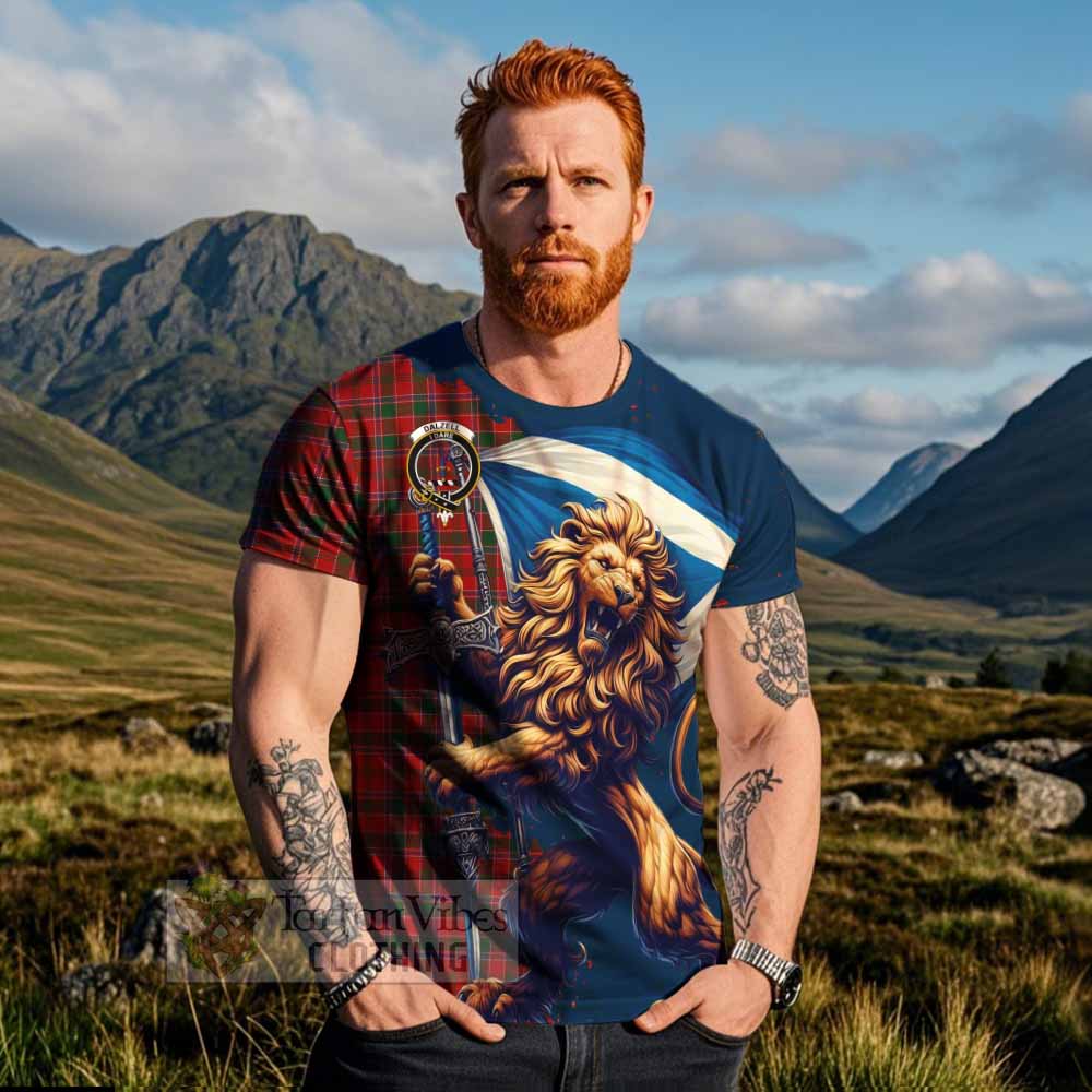 Tartan Vibes Clothing Dalzell (Dalziel) Tartan Family Crest T-Shirt with Scottish Majestic Lion