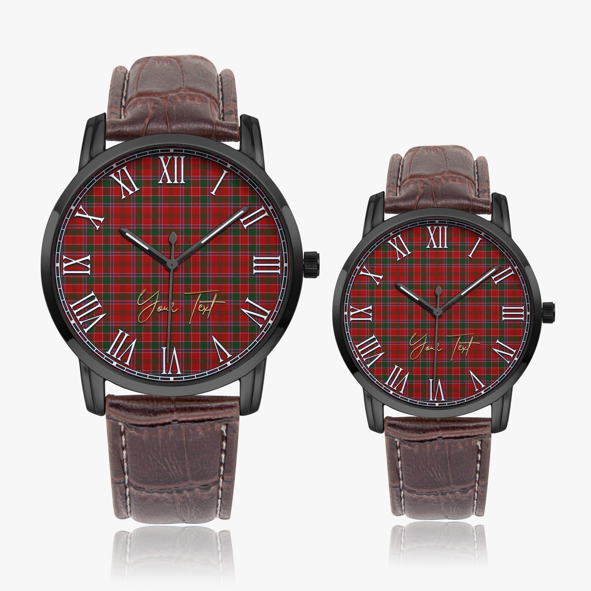 Dalzell (Dalziel) Tartan Personalized Your Text Leather Trap Quartz Watch Wide Type Black Case With Brown Leather Strap - Tartanvibesclothing