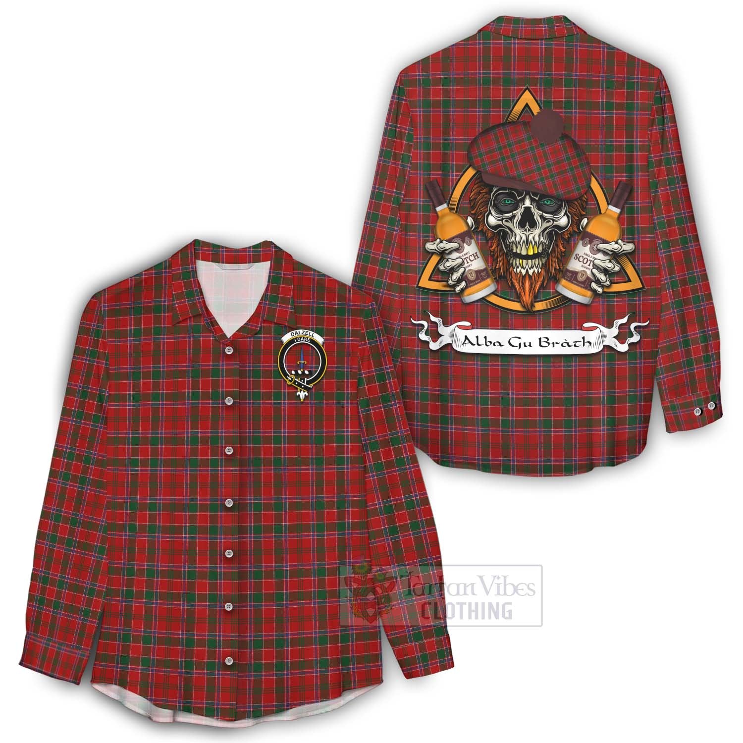 Tartan Vibes Clothing Dalzell (Dalziel) Tartan Women's Casual Shirt with Family Crest and Bearded Skull Holding Bottles of Whiskey