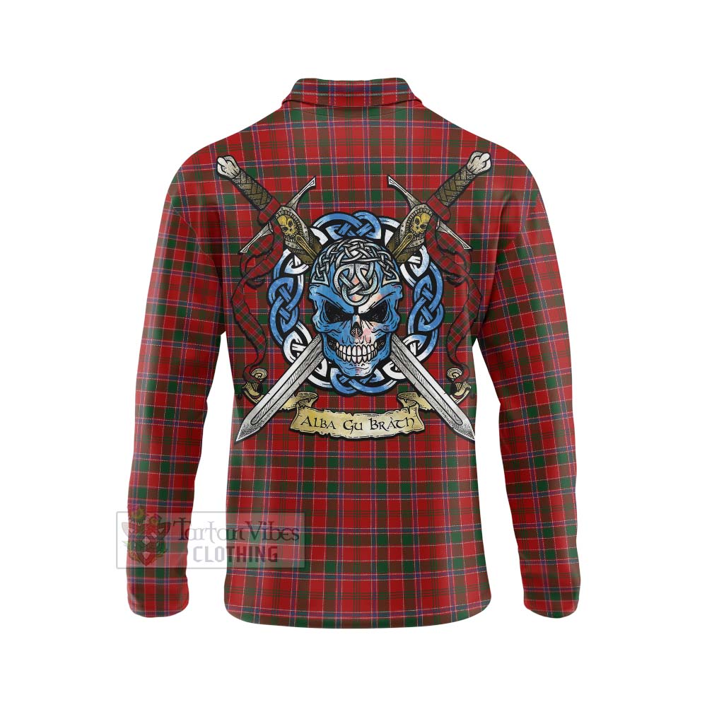 Tartan Vibes Clothing Dalzell (Dalziel) Tartan Long Sleeve Polo Shirt with Family Crest Celtic Skull Style