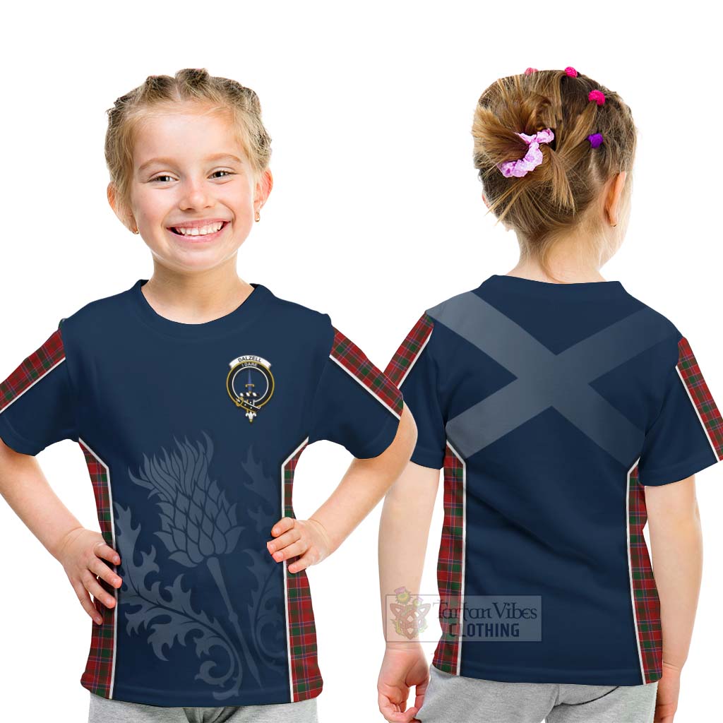 Tartan Vibes Clothing Dalzell (Dalziel) Tartan Kid T-Shirt with Family Crest and Scottish Thistle Vibes Sport Style