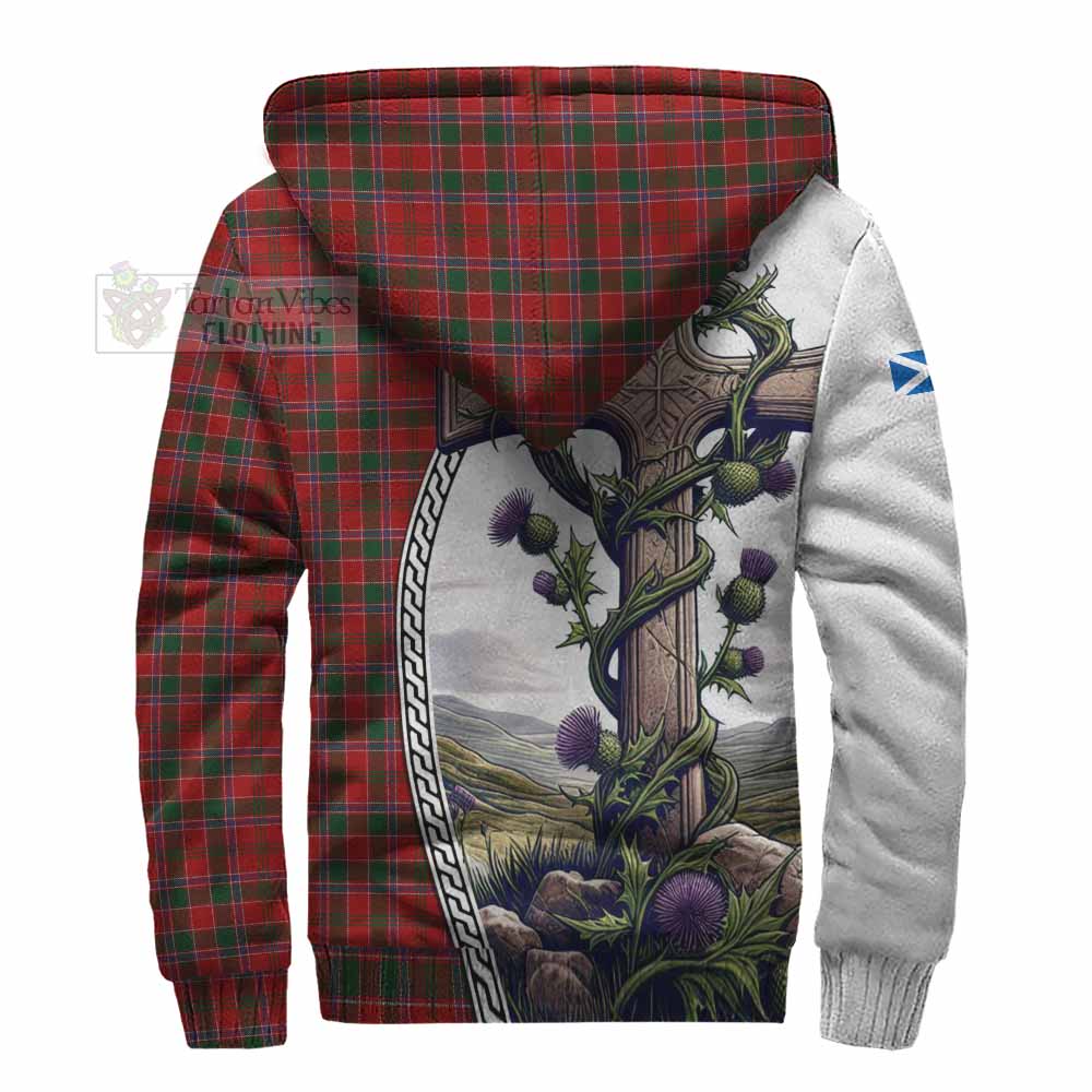 Tartan Vibes Clothing Dalzell (Dalziel) Tartan Sherpa Hoodie with Family Crest and St. Andrew's Cross Accented by Thistle Vines