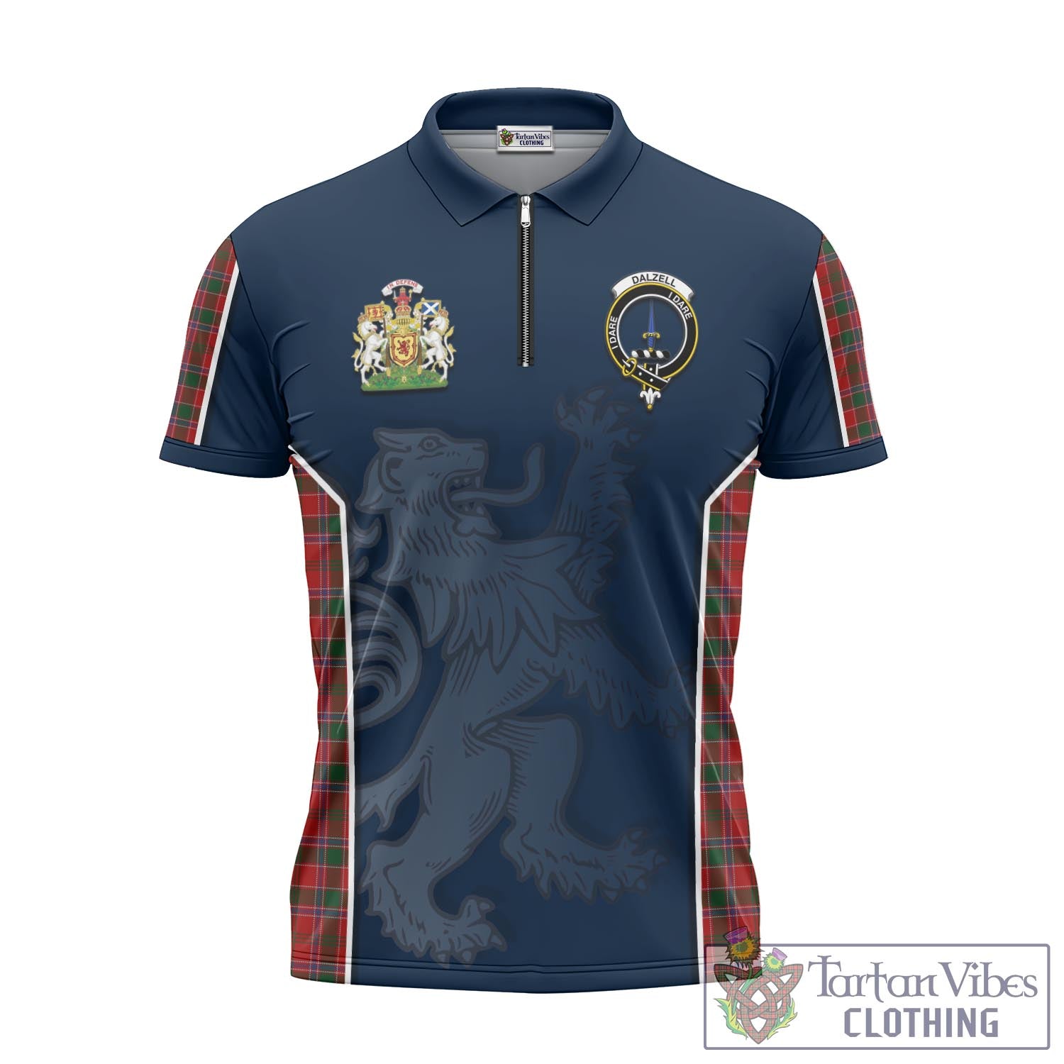 Tartan Vibes Clothing Dalzell (Dalziel) Tartan Zipper Polo Shirt with Family Crest and Lion Rampant Vibes Sport Style