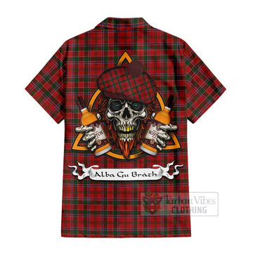 Dalzell (Dalziel) Tartan Short Sleeve Button Shirt with Family Crest and Bearded Skull Holding Bottles of Whiskey