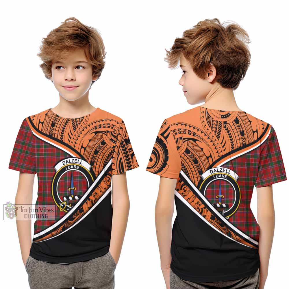 Tartan Vibes Clothing Dalzell (Dalziel) Crest Tartan Kid T-Shirt with Maori Tattoo Style - Orange Version