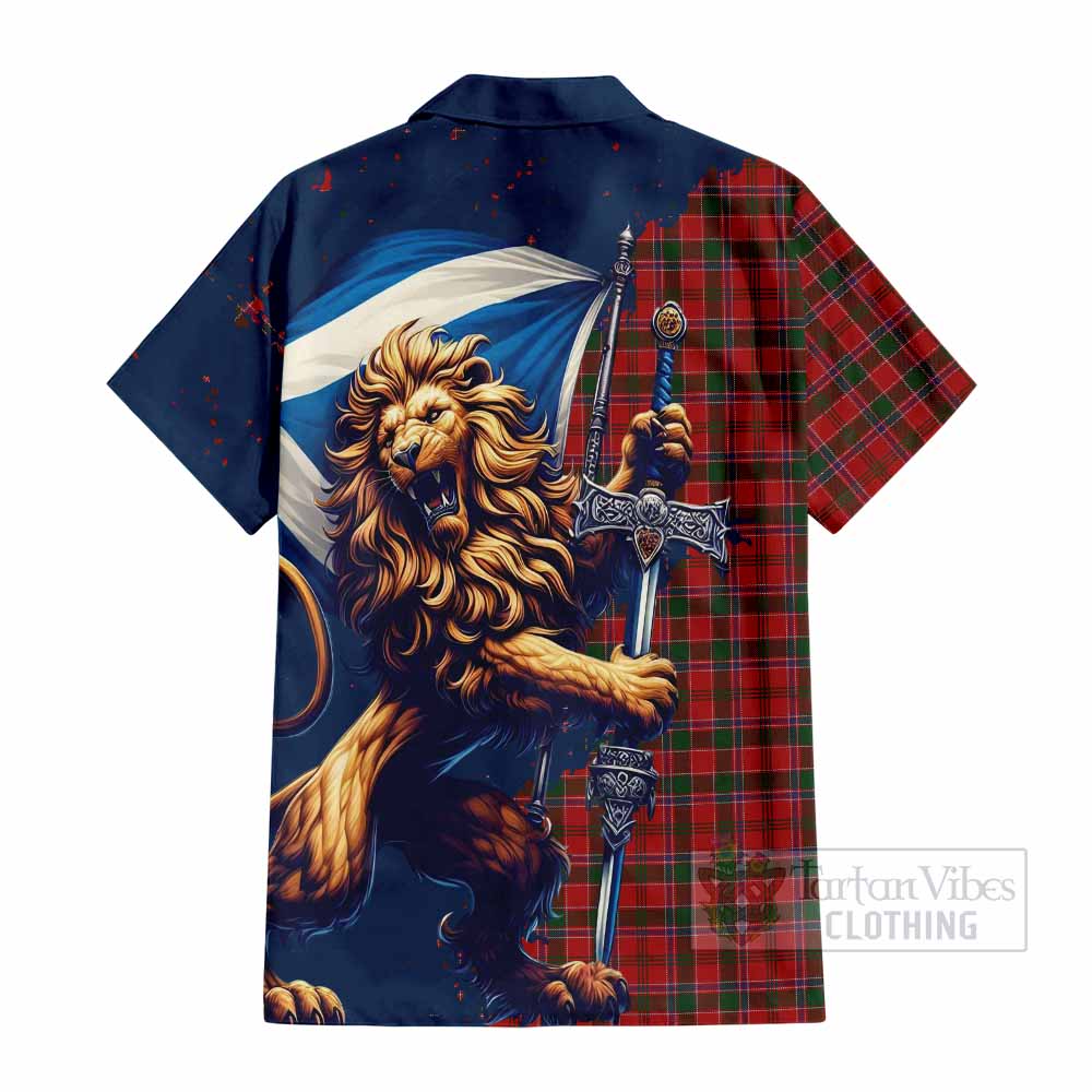 Tartan Vibes Clothing Dalzell (Dalziel) Tartan Family Crest Short Sleeve Button Shirt with Scottish Majestic Lion