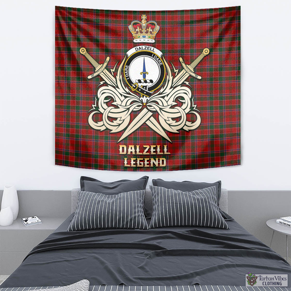 Tartan Vibes Clothing Dalzell (Dalziel) Tartan Tapestry with Clan Crest and the Golden Sword of Courageous Legacy