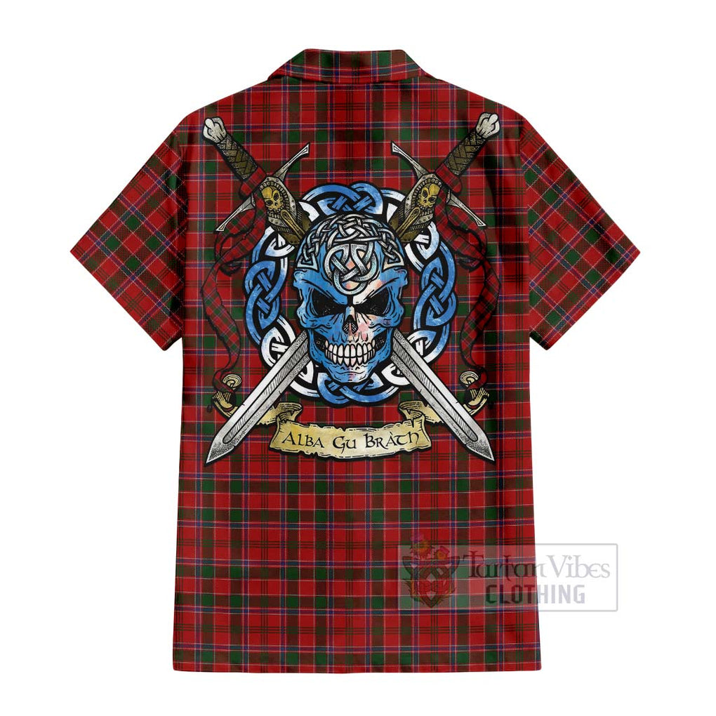 Tartan Vibes Clothing Dalzell (Dalziel) Tartan Short Sleeve Button Shirt with Family Crest Celtic Skull Style