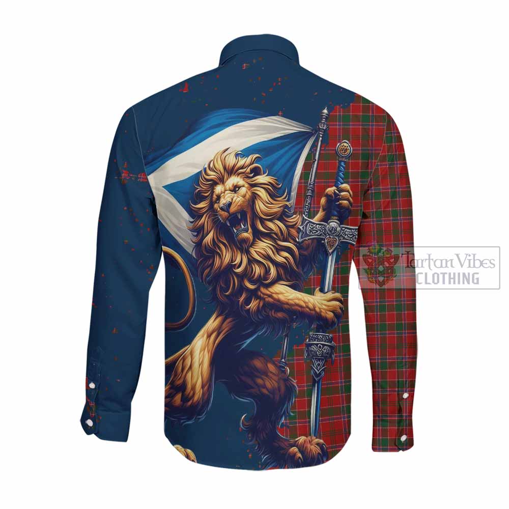 Tartan Vibes Clothing Dalzell (Dalziel) Tartan Family Crest Long Sleeve Button Shirt with Scottish Majestic Lion