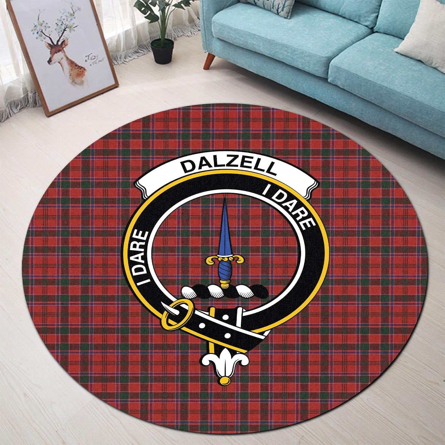 Dalzell (Dalziel) Tartan Round Rug with Family Crest - Tartanvibesclothing