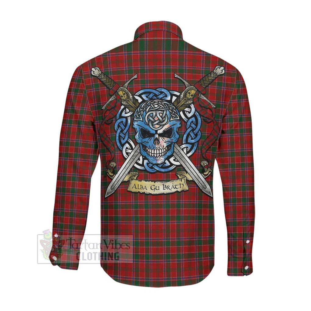 Tartan Vibes Clothing Dalzell (Dalziel) Tartan Long Sleeve Button Shirt with Family Crest Celtic Skull Style