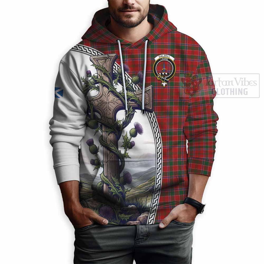 Tartan Vibes Clothing Dalzell (Dalziel) Tartan Hoodie with Family Crest and St. Andrew's Cross Accented by Thistle Vines