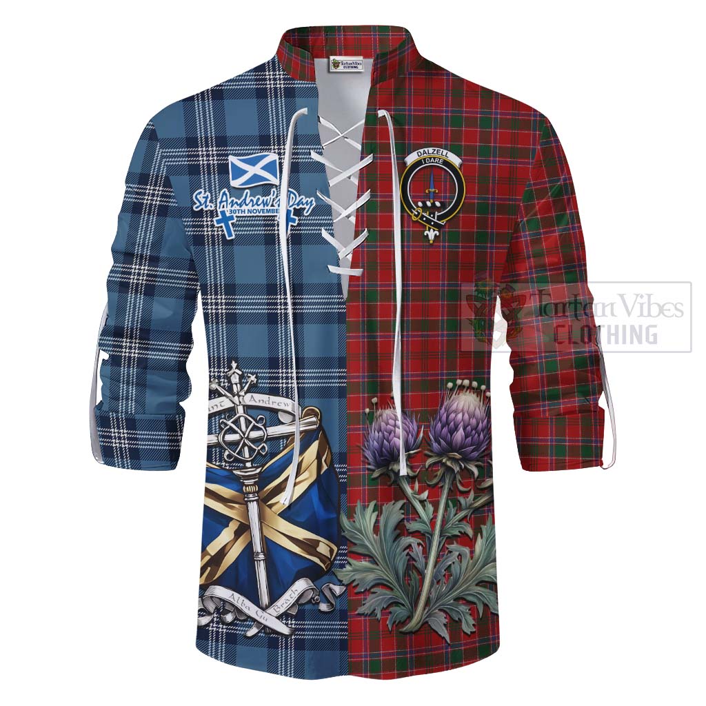 Tartan Vibes Clothing Dalzell (Dalziel) Tartan Ghillie Kilt Shirt Happy St. Andrew's Day Half Tartan Style