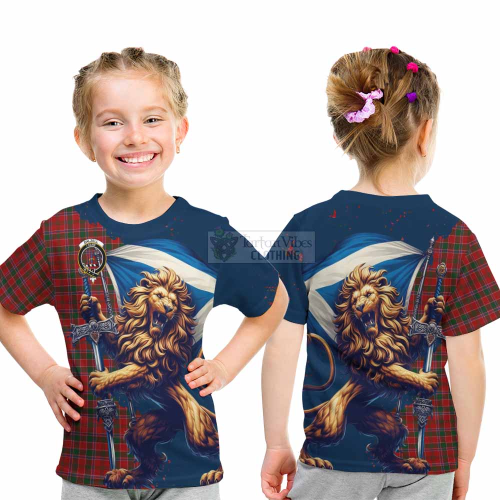 Tartan Vibes Clothing Dalzell (Dalziel) Tartan Family Crest Kid T-Shirt with Scottish Majestic Lion