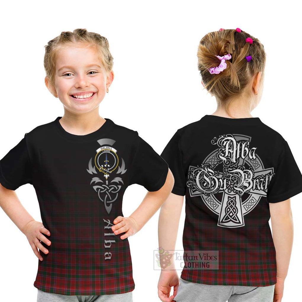 Tartan Vibes Clothing Dalzell (Dalziel) Tartan Kid T-Shirt Featuring Alba Gu Brath Family Crest Celtic Inspired