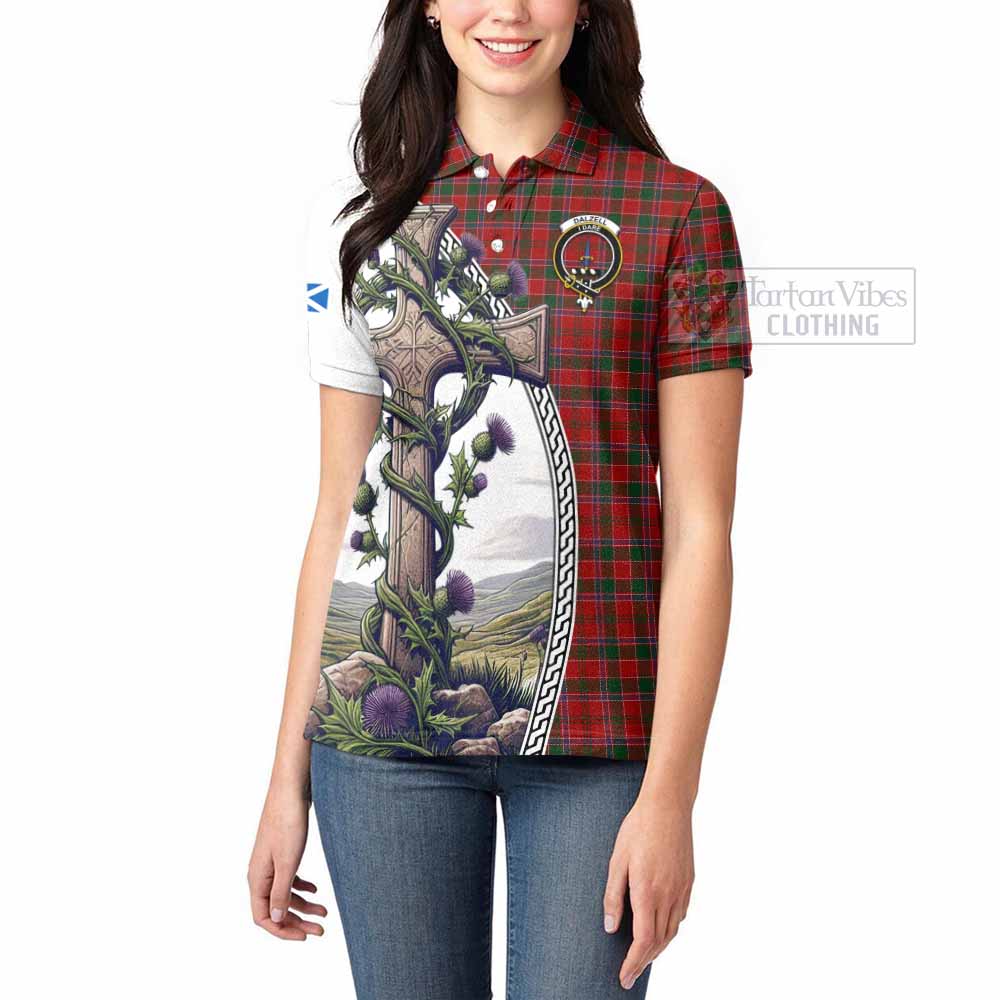 Tartan Vibes Clothing Dalzell (Dalziel) Tartan Women's Polo Shirt with Family Crest and St. Andrew's Cross Accented by Thistle Vines