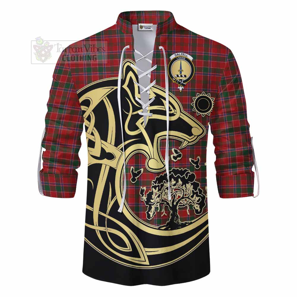 Tartan Vibes Clothing Dalzell (Dalziel) Tartan Ghillie Kilt Shirt with Family Crest Celtic Wolf Style