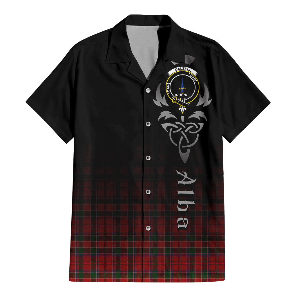 Tartan Vibes Clothing Dalzell (Dalziel) Tartan Short Sleeve Button Up Featuring Alba Gu Brath Family Crest Celtic Inspired