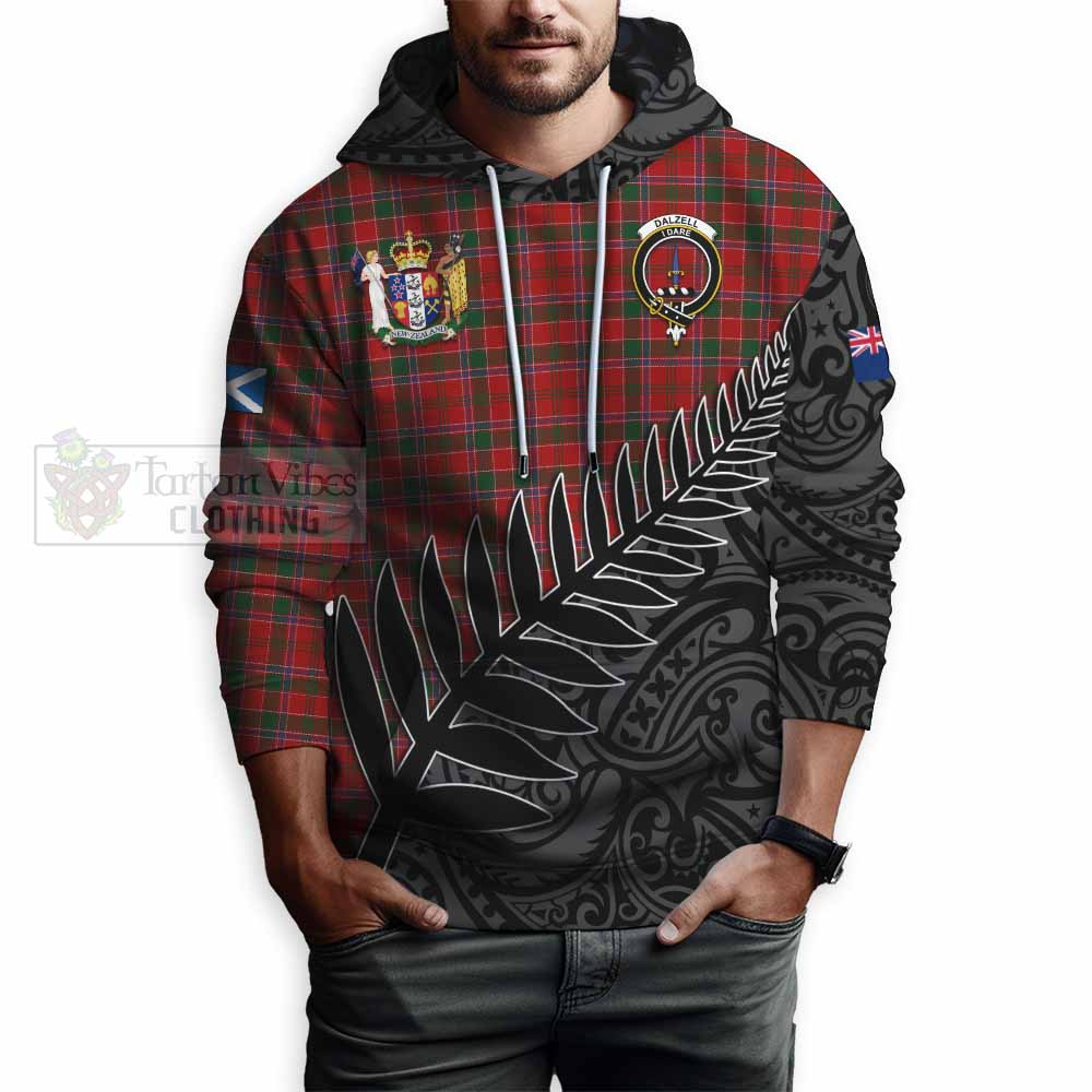 Tartan Vibes Clothing Dalzell (Dalziel) Crest Tartan Hoodie with New Zealand Silver Fern Half Style