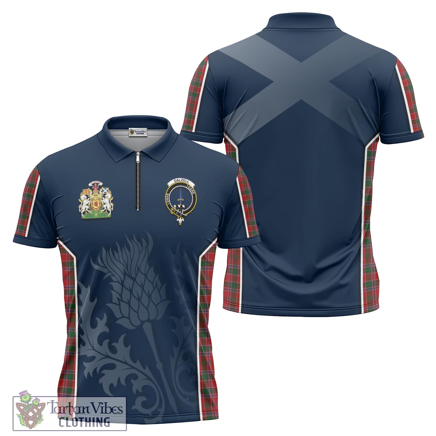 Tartan Vibes Clothing Dalzell (Dalziel) Tartan Zipper Polo Shirt with Family Crest and Scottish Thistle Vibes Sport Style