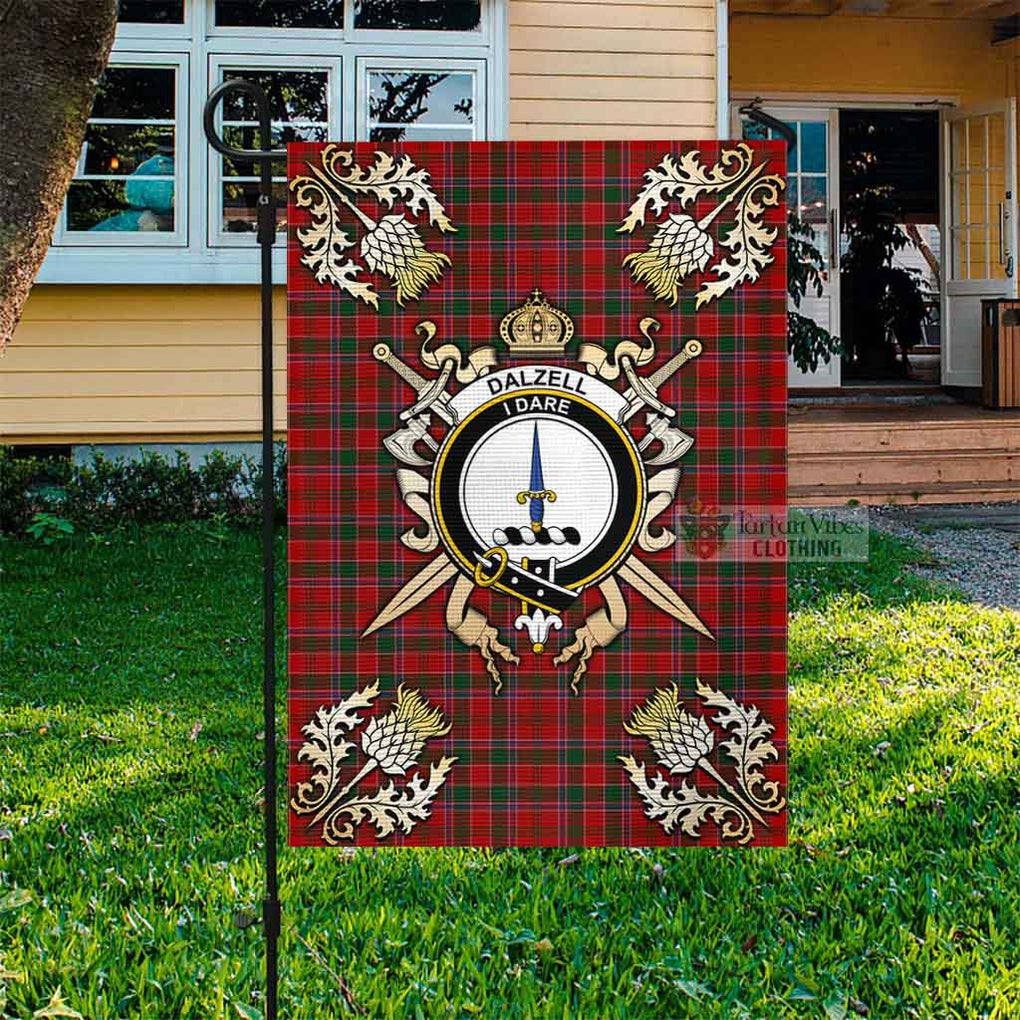 Tartan Vibes Clothing Dalzell (Dalziel) Tartan Flag with Family Crest and Golden Thistle Crossed Sword Design