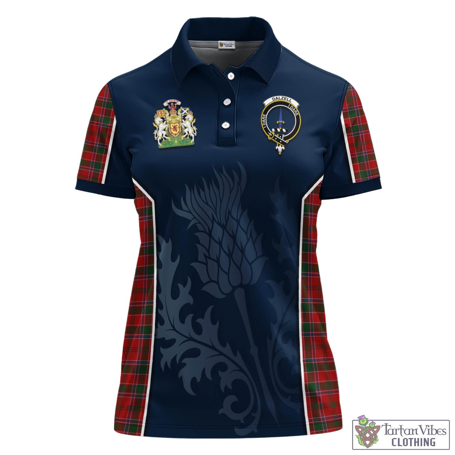 Tartan Vibes Clothing Dalzell (Dalziel) Tartan Women's Polo Shirt with Family Crest and Scottish Thistle Vibes Sport Style