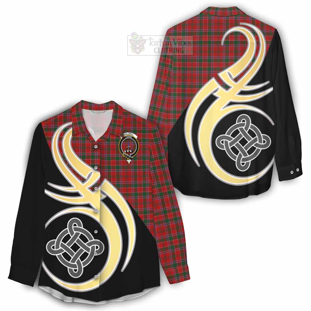 Tartan Vibes Clothing Dalzell (Dalziel) Tartan Women's Casual Shirt with Family Crest and Celtic Symbol Style