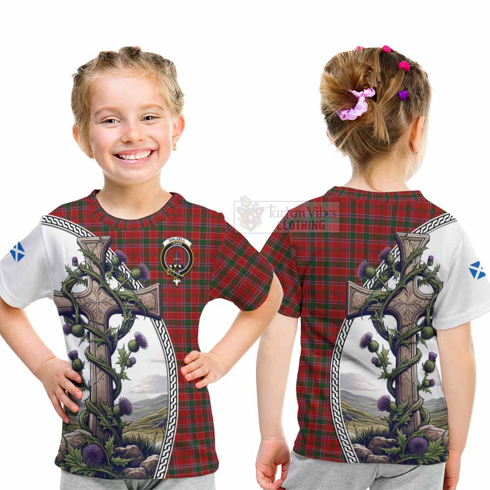 Tartan Vibes Clothing Dalzell (Dalziel) Tartan Kid T-Shirt with Family Crest and St. Andrew's Cross Accented by Thistle Vines