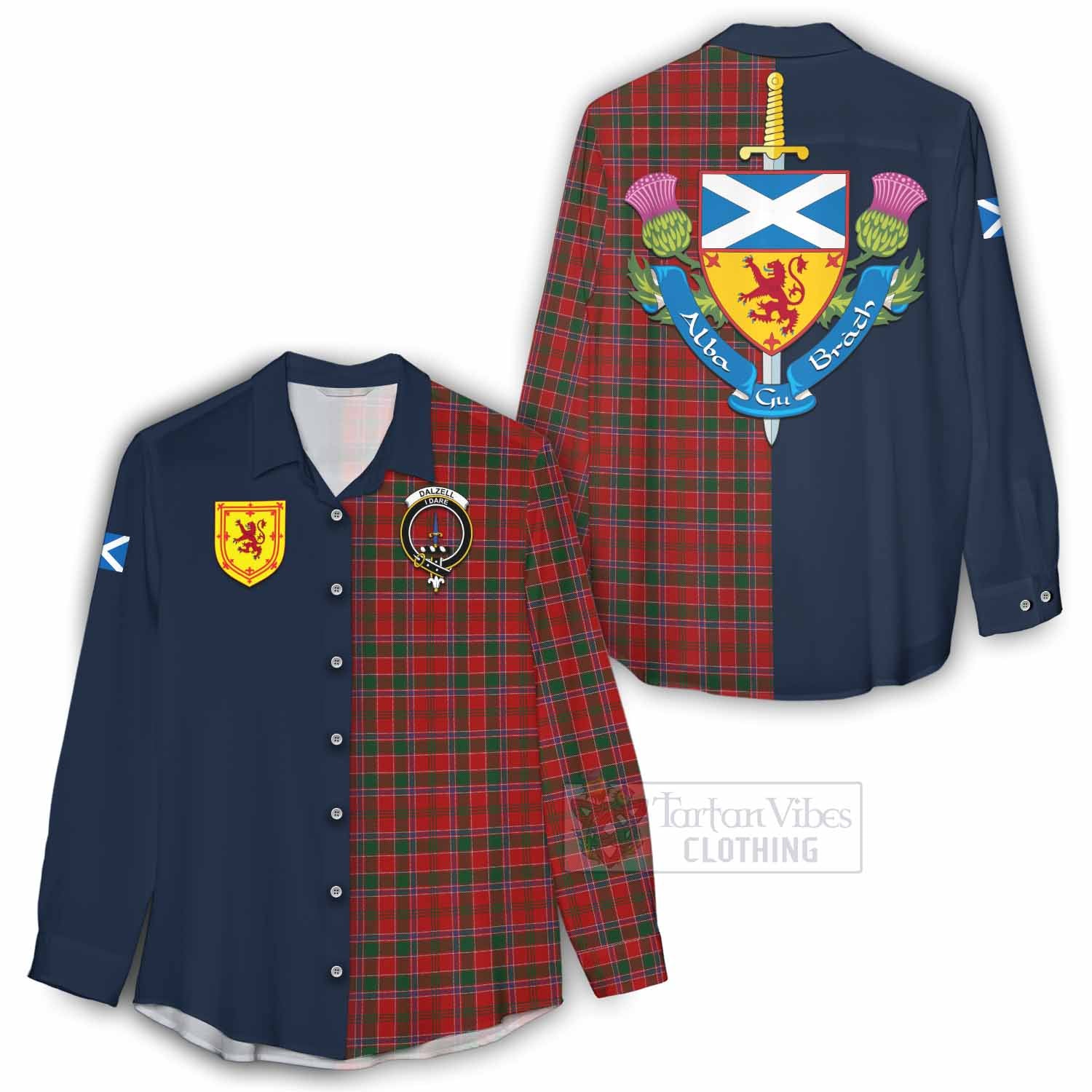 Tartan Vibes Clothing Dalzell (Dalziel) Tartan Women's Casual Shirt Alba with Scottish Lion Royal Arm Half Style