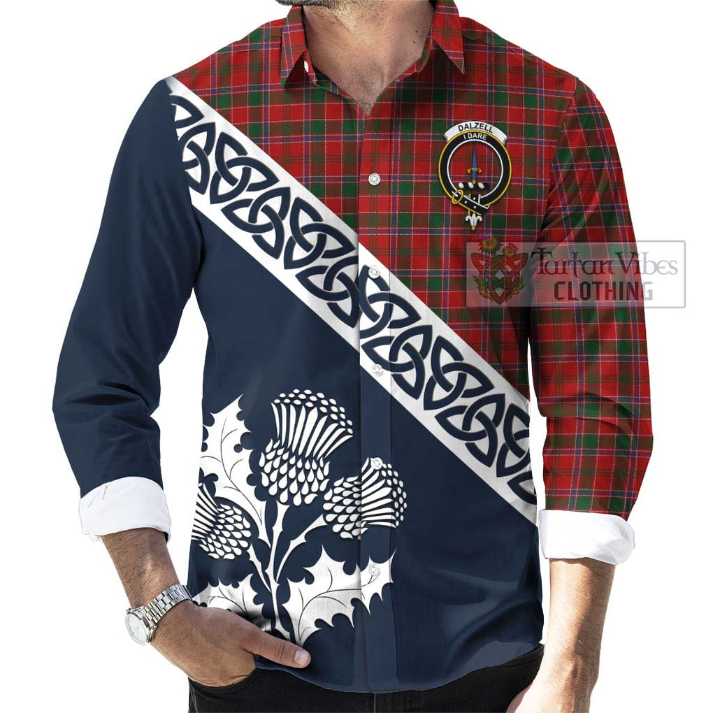 Tartan Vibes Clothing Dalzell (Dalziel) Tartan Long Sleeve Button Shirt Featuring Thistle and Scotland Map