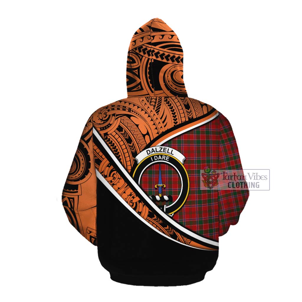 Tartan Vibes Clothing Dalzell (Dalziel) Crest Tartan Cotton Hoodie with Maori Tattoo Style - Orange Version