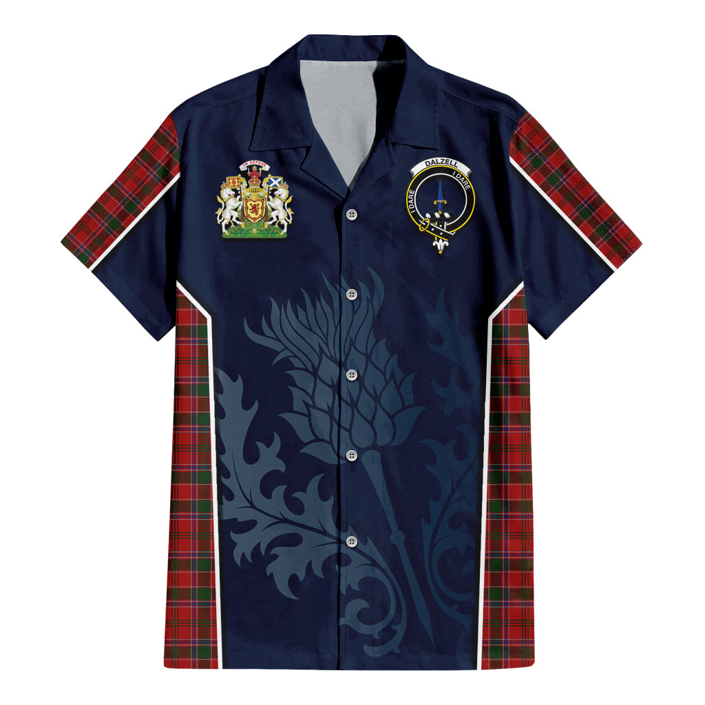 Tartan Vibes Clothing Dalzell (Dalziel) Tartan Short Sleeve Button Up Shirt with Family Crest and Scottish Thistle Vibes Sport Style