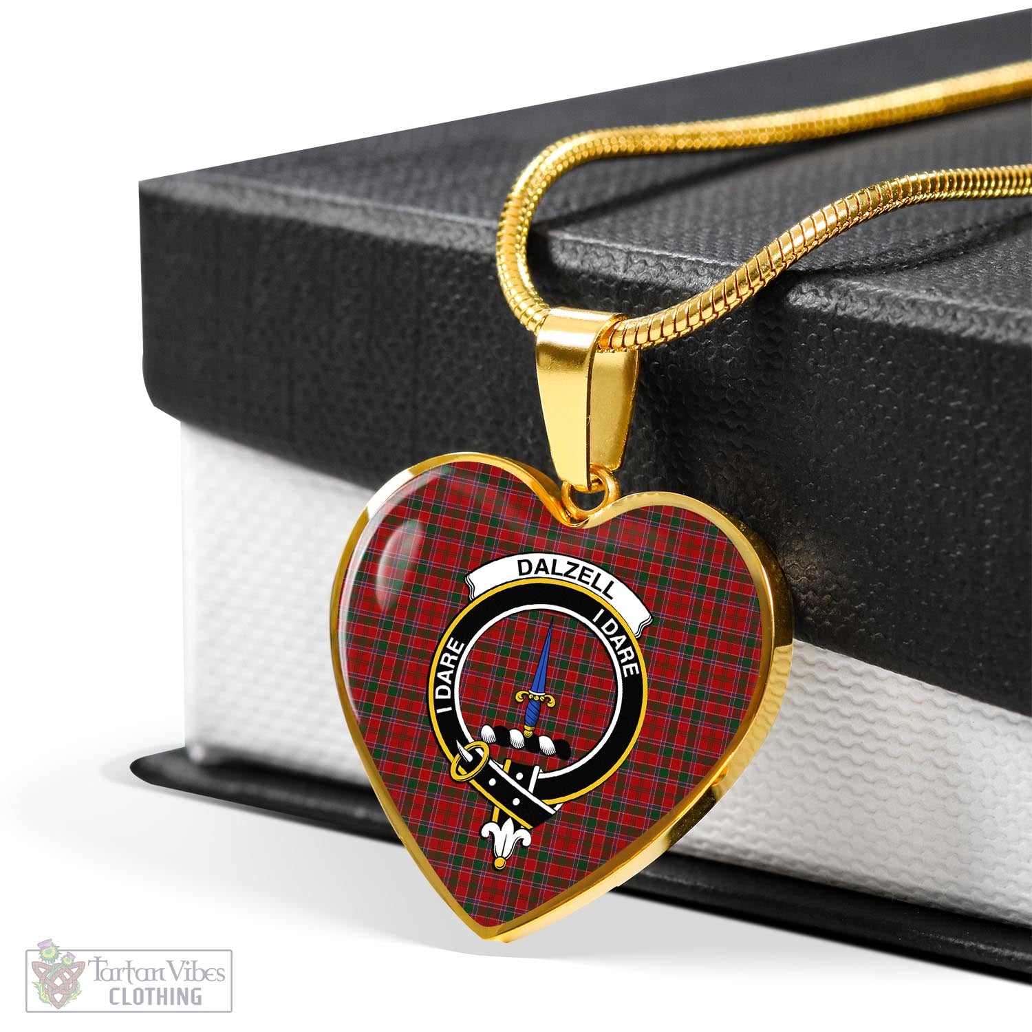 Tartan Vibes Clothing Dalzell (Dalziel) Tartan Heart Necklace with Family Crest