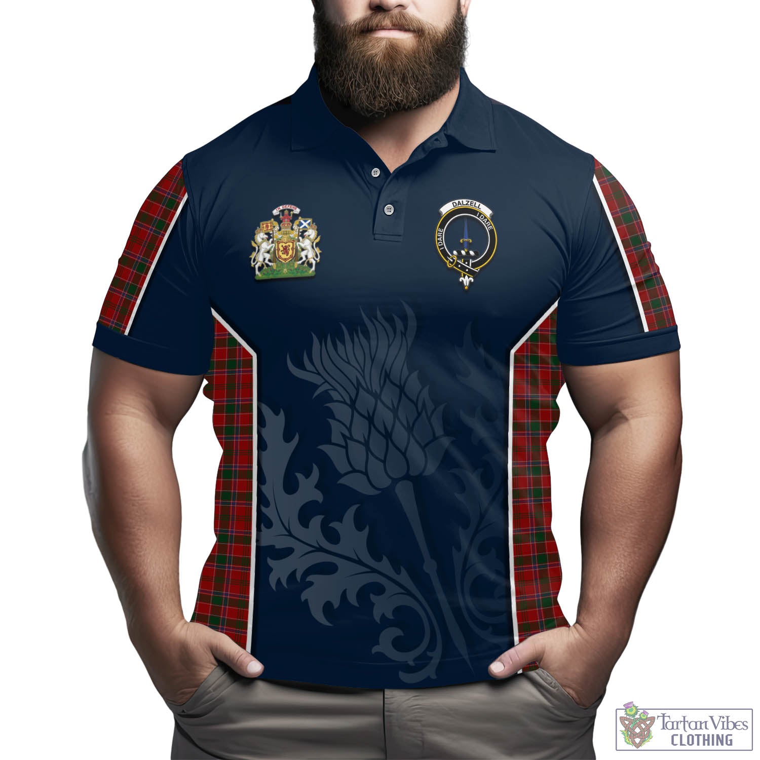 Tartan Vibes Clothing Dalzell (Dalziel) Tartan Men's Polo Shirt with Family Crest and Scottish Thistle Vibes Sport Style