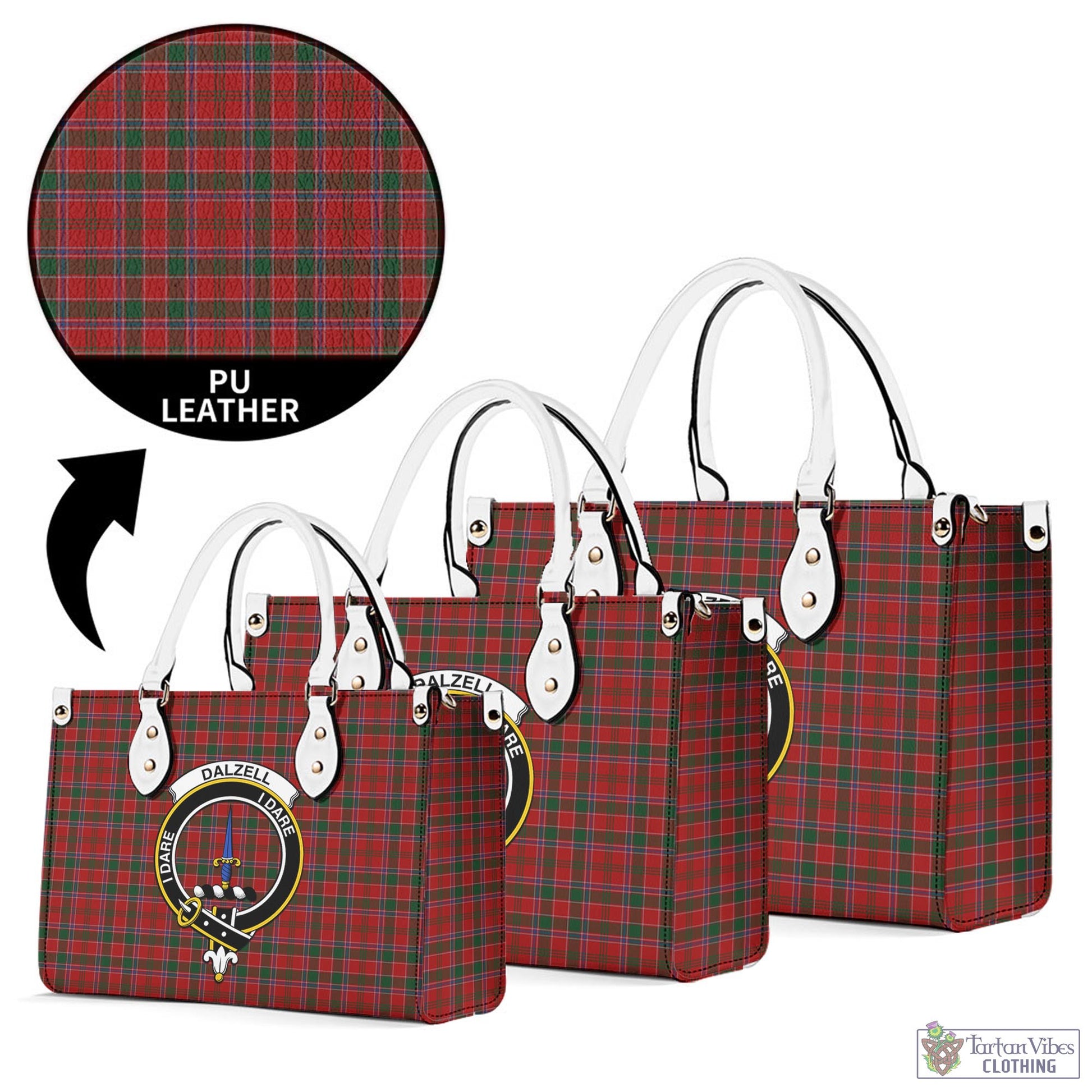 Tartan Vibes Clothing Dalzell (Dalziel) Tartan Luxury Leather Handbags with Family Crest