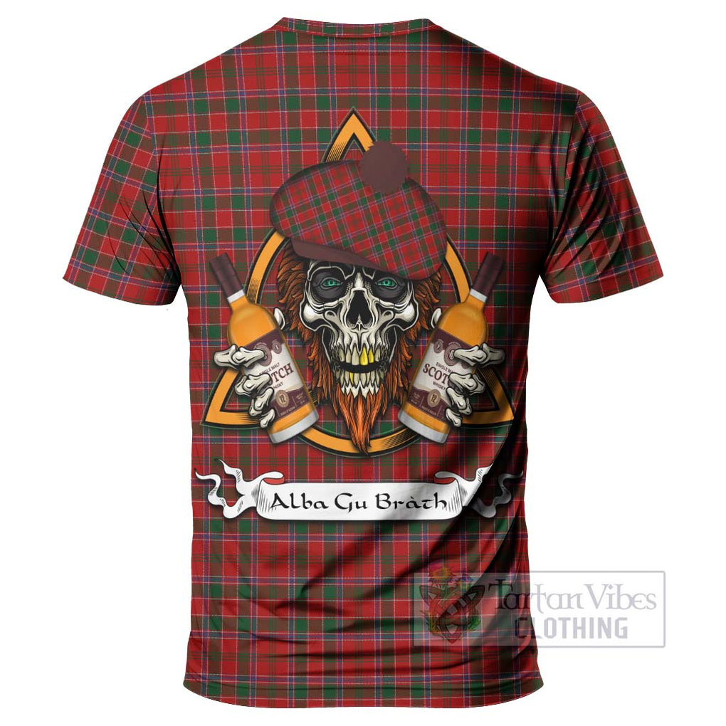 Tartan Vibes Clothing Dalzell (Dalziel) Tartan T-Shirt with Family Crest and Bearded Skull Holding Bottles of Whiskey