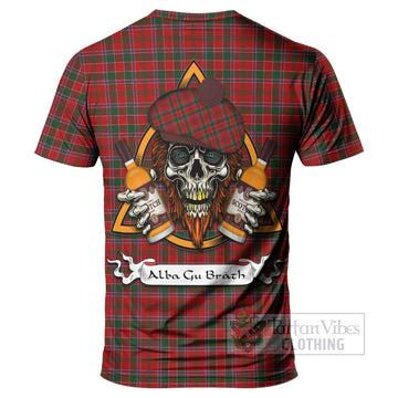 Dalzell (Dalziel) Tartan T-Shirt with Family Crest and Bearded Skull Holding Bottles of Whiskey