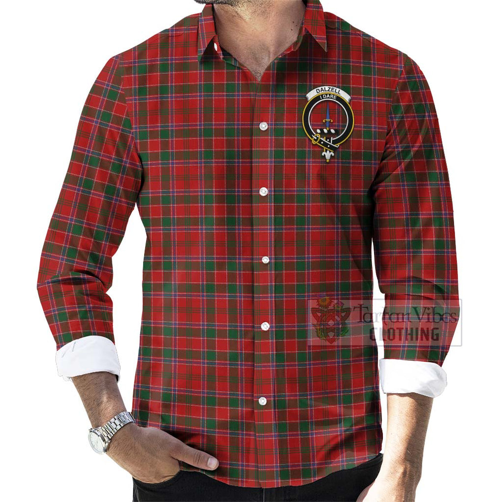 Tartan Vibes Clothing Dalzell (Dalziel) Tartan Long Sleeve Button Shirt with Family Crest Celtic Skull Style