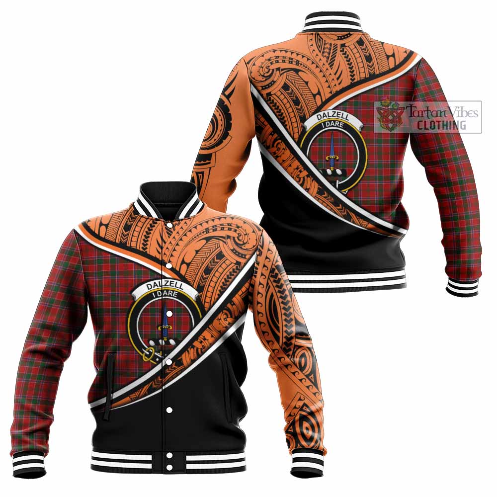 Tartan Vibes Clothing Dalzell (Dalziel) Crest Tartan Baseball Jacket with Maori Tattoo Style - Orange Version