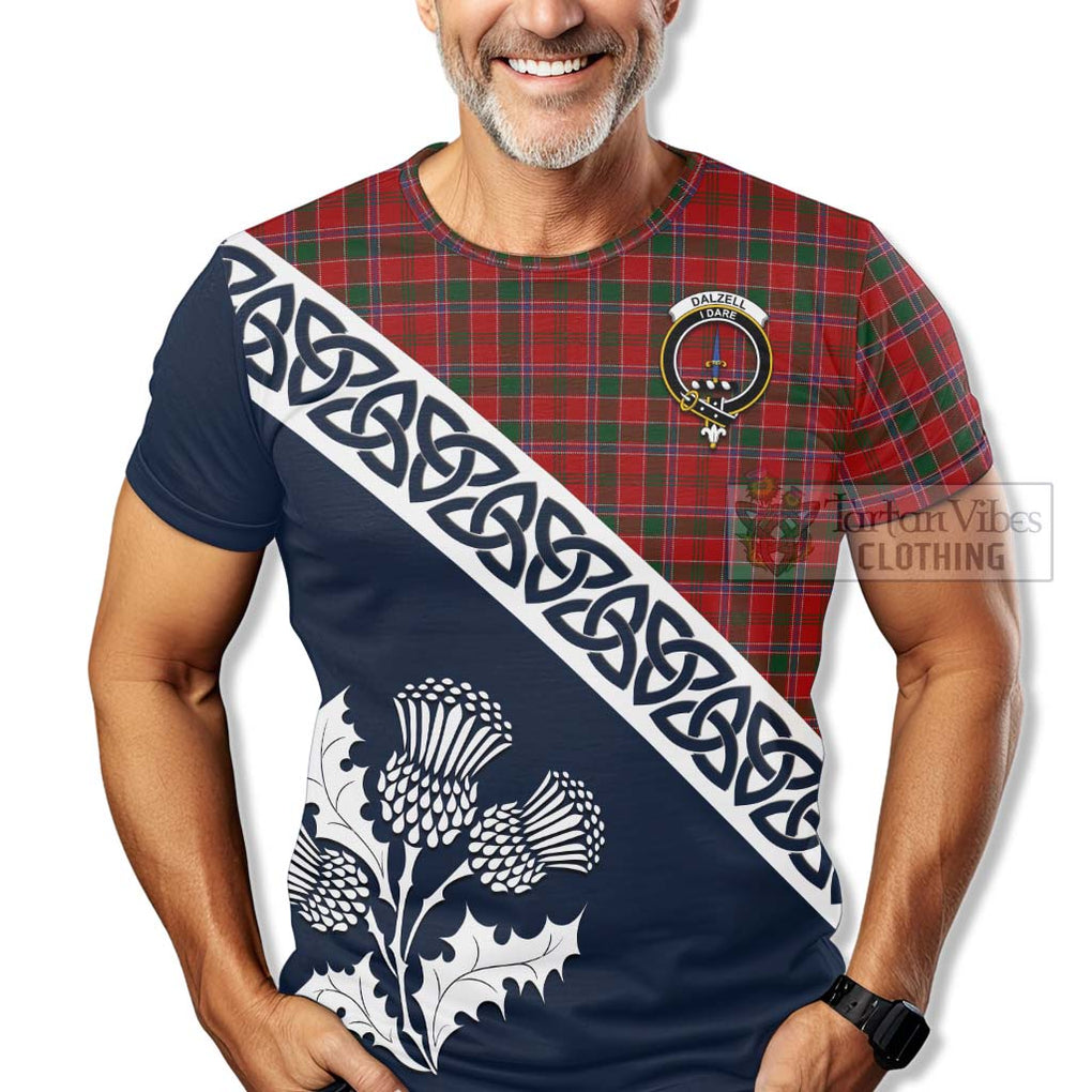 Dalzell (Dalziel) Tartan T-Shirt Featuring Thistle and Scotland Map