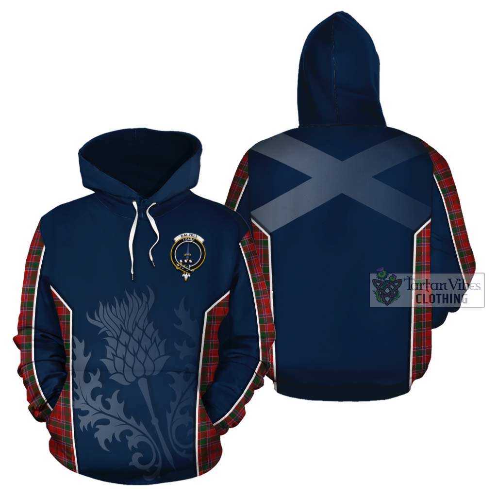 Tartan Vibes Clothing Dalzell (Dalziel) Tartan Cotton Hoodie with Family Crest and Scottish Thistle Vibes Sport Style