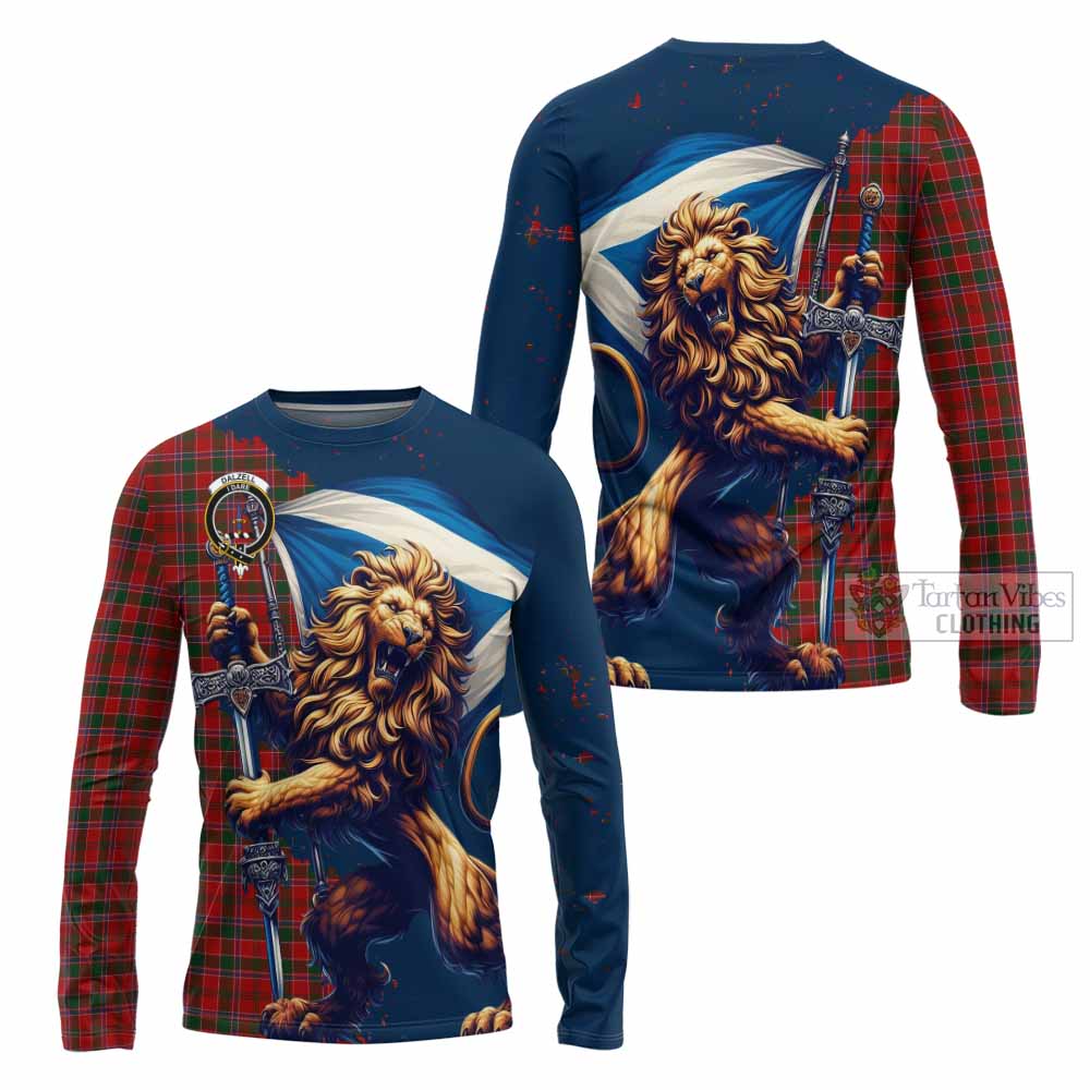 Tartan Vibes Clothing Dalzell (Dalziel) Tartan Family Crest Long Sleeve T-Shirt with Scottish Majestic Lion