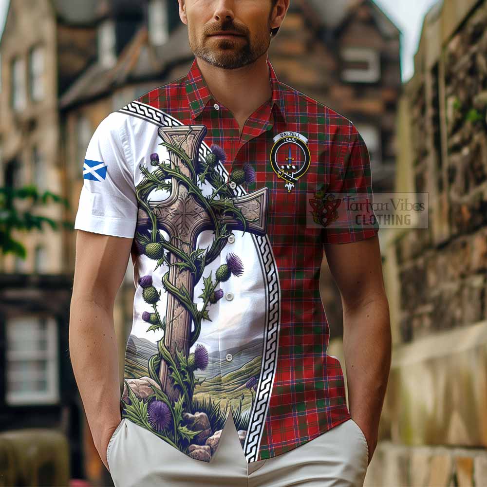 Tartan Vibes Clothing Dalzell (Dalziel) Tartan Short Sleeve Button Shirt with Family Crest and St. Andrew's Cross Accented by Thistle Vines