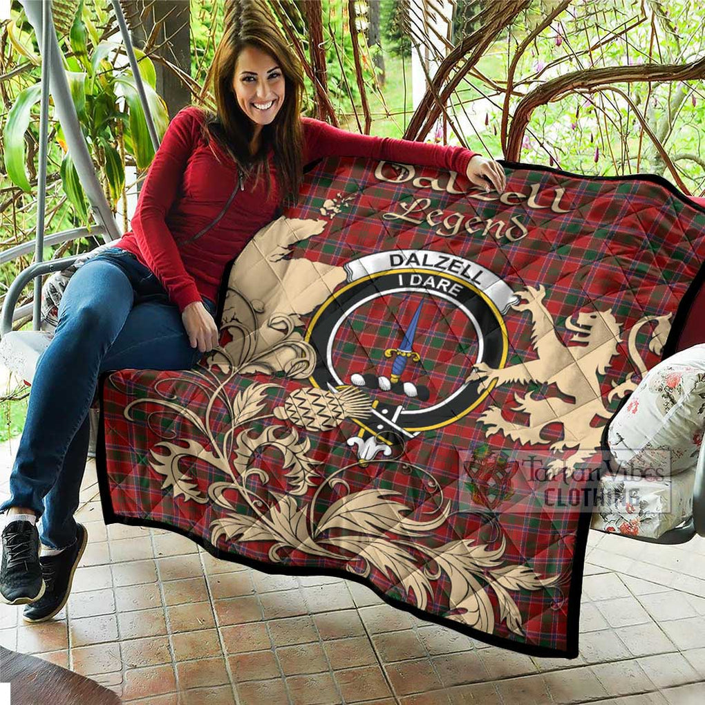 Tartan Vibes Clothing Dalzell (Dalziel) Tartan Quilt with Family Crest and Scottish Symbol Style