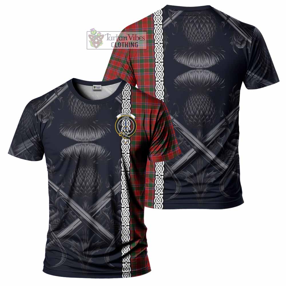 Tartan Vibes Clothing Dalzell (Dalziel) Tartan T-Shirt with Family Crest Cross Sword Thistle Celtic Vibes