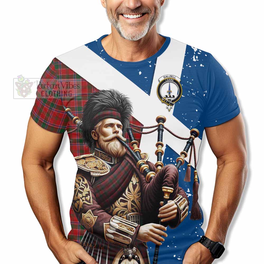 Tartan Vibes Clothing Dalzell (Dalziel) Tartan T-Shirt with Family Crest Scottish Bagpiper Vibes