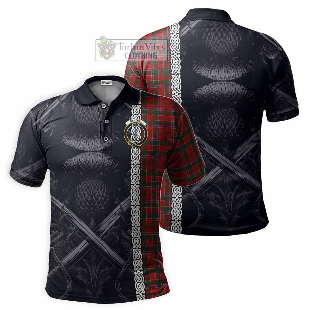 Tartan Vibes Clothing Dalzell (Dalziel) Tartan Polo Shirt with Family Crest Cross Sword Thistle Celtic Vibes