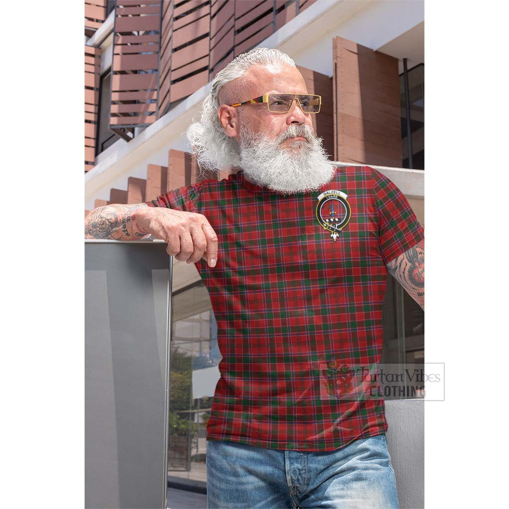 Tartan Vibes Clothing Dalzell (Dalziel) Tartan Cotton T-shirt with Family Crest and Bearded Skull Holding Bottles of Whiskey